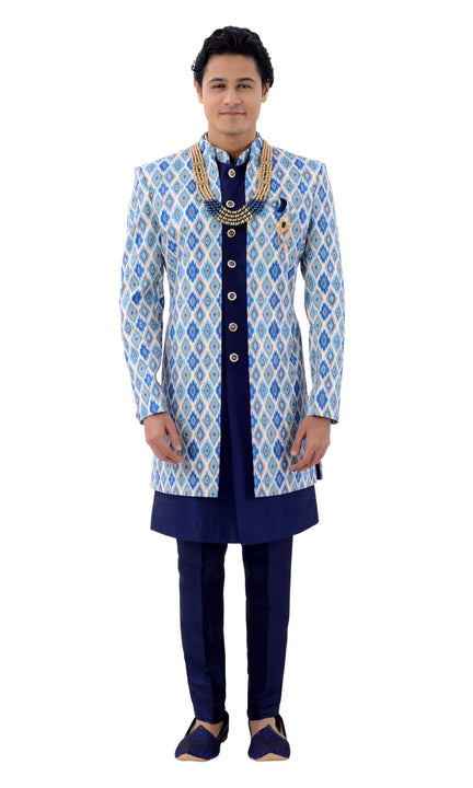 Designer Lucknowi With Tikki Work Blue Jacket Style Sherwani Set-RK1222