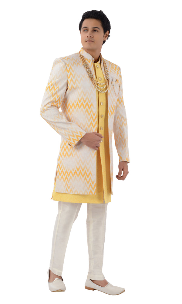 Imperial Yellow Designer 3-Piece Jacket Style Indo Western Sherwani Set-RK1224
