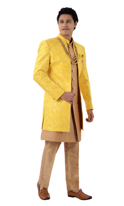 Mesmerizing Yellow And Gold Designer Indo Western Sherwani Set-RK1225