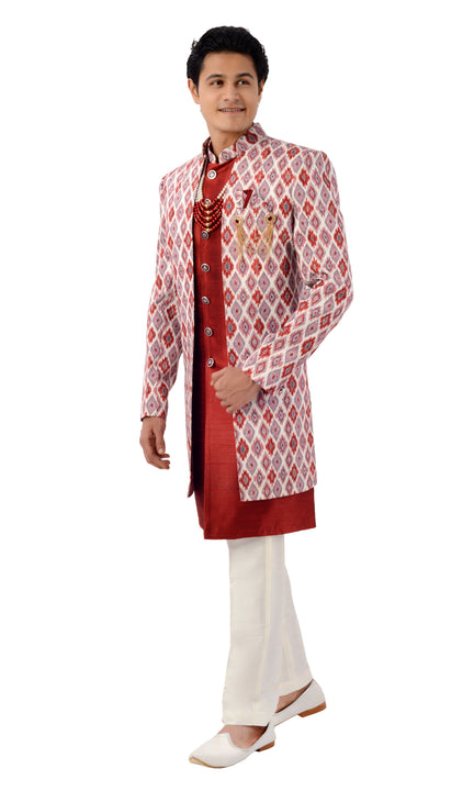 Royal Red Lucknowi Designer  Indo Western Sherwani Set With Tikki Work-RK1226