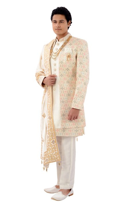 Regal Ivory Designer Lucknowi Indo Western Sherwani Set -Rk1227