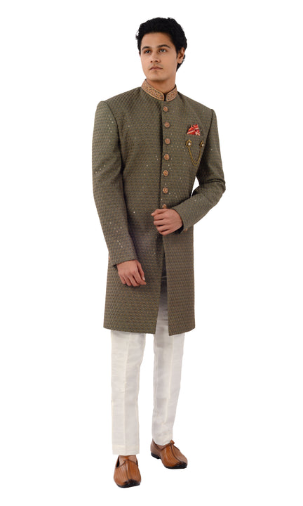 Olivaceous Beautiful Lucknowi Indo Western Sherwani Set -RK1234