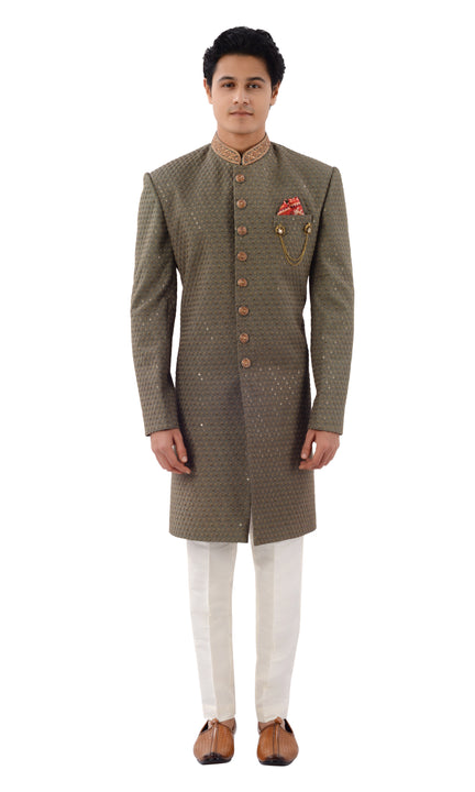 Olivaceous Beautiful Lucknowi Indo Western Sherwani Set -RK1234