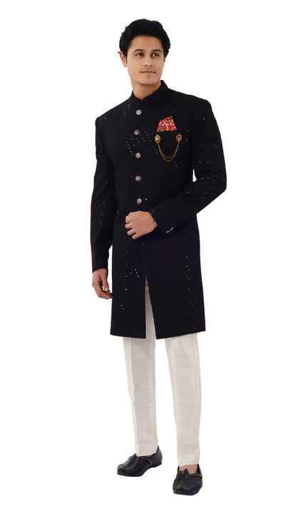 Stunning Black Designer Lucknowi Work Indo Western Sherwani Set-RK1236