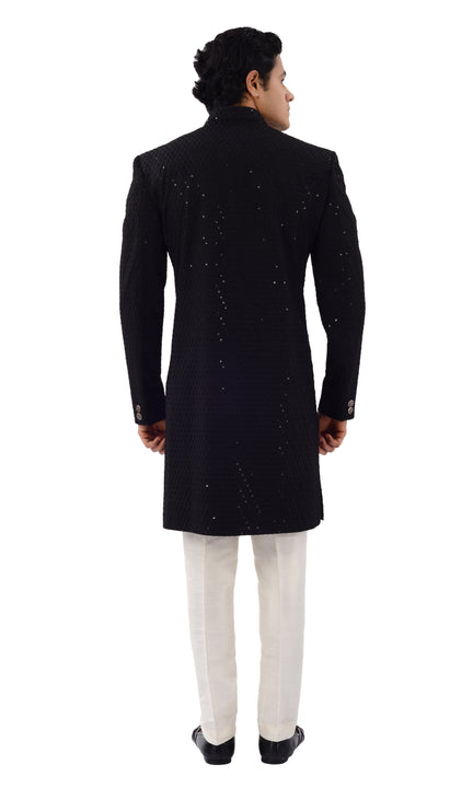 Stunning Black Designer Lucknowi Work Indo Western Sherwani Set-RK1236