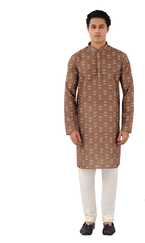 Designer Brown Indo Western Cotton Kurta With Elegant White Design-RK4249