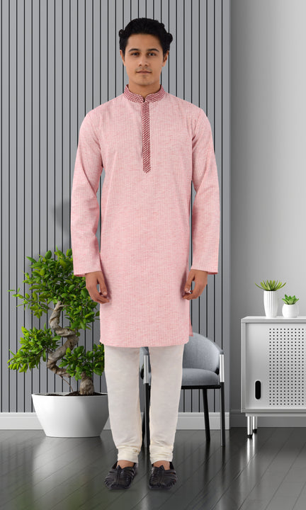 Designer Peachy pink Cotton Indo Western Kurta pajama for Men-RK4258