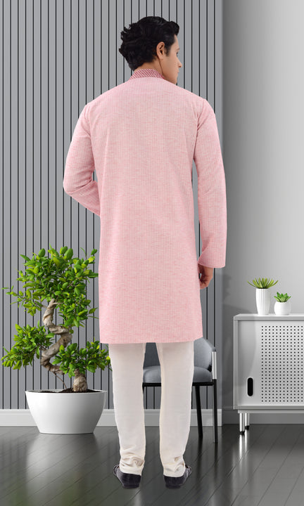 Designer Peachy pink Cotton Indo Western Kurta pajama for Men-RK4258