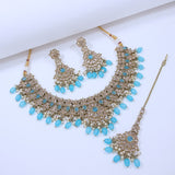 Marine Majesty Sea Blue Beaded Necklace, Earrings, and Tika Set-SNTDC-8