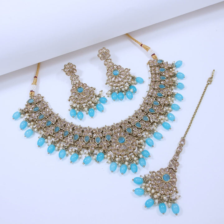 Marine Majesty Sea Blue Beaded Necklace, Earrings, and Tika Set-SNTDC-8