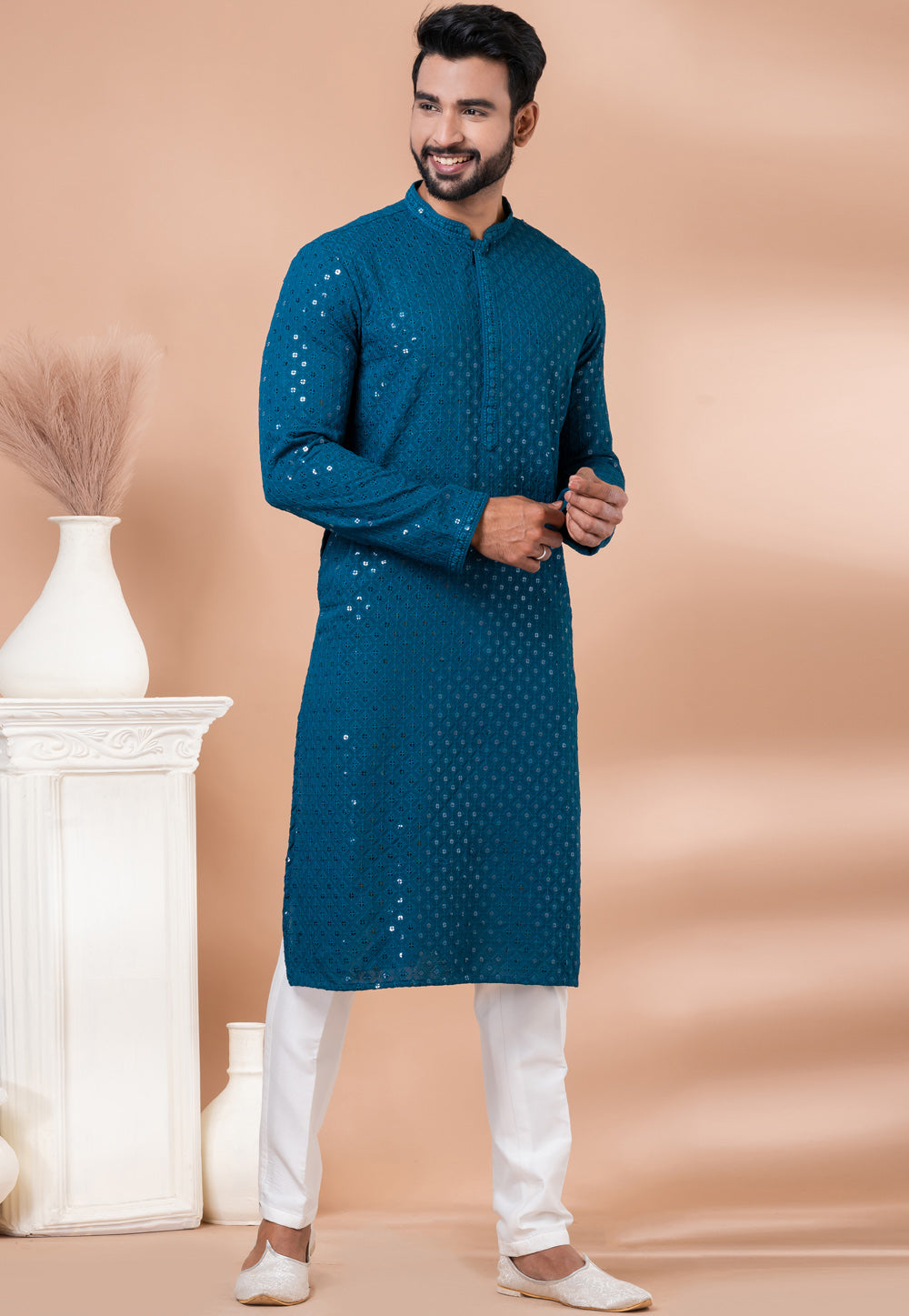 Designer Teal Blue Sequin Embroidered Kurta Set – SCKP4804