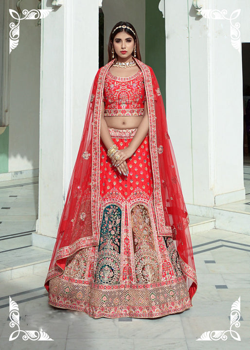 Magnificent Red Embroidered Designer Wedding Lehenga Choli With Stunning Dupatta SNT-90002