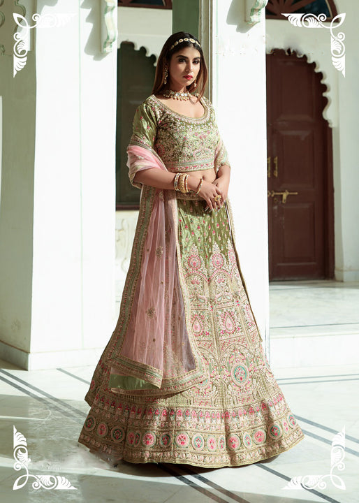 Timeless Beauty Pastel Green Designer Wedding Lehenga Choli With Stunning Dupatta SNT-90003