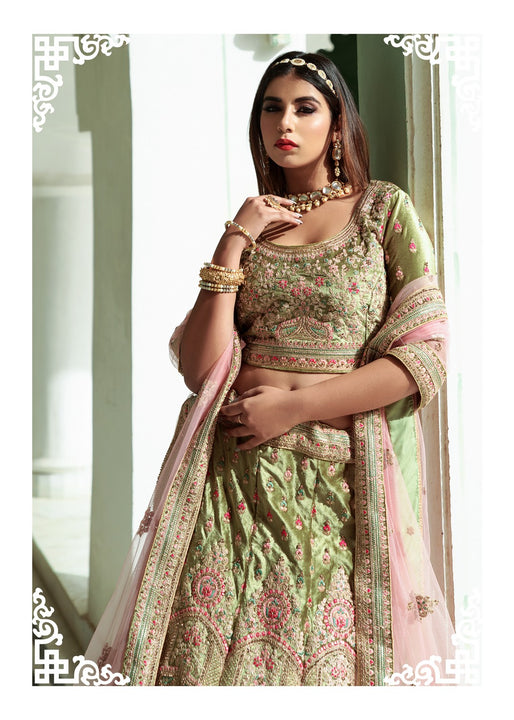 Timeless Beauty Pastel Green Designer Wedding Lehenga Choli With Stunning Dupatta SNT-90003