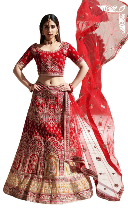 Angelic Beauty Red Designer Wedding Lehenga Choli With Stunning Dupatta SNT-90004