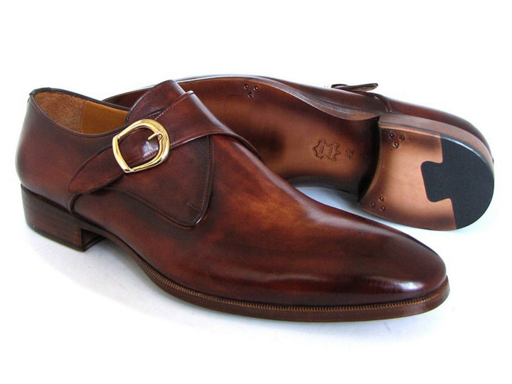 Paul Parkman Men's Brown & Camel Monkstrap Dress Shoes (Id#011B44) Size 9-9.5 D(M) Us