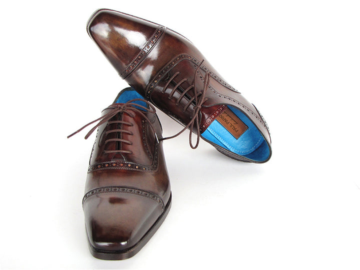 Paul Parkman Men's Captoe Oxfords Anthracite Brown Hand-Painted Leather Shoes (Id#024) Size 9.5-10 D(M) US