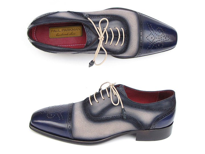 Paul Parkman Men's Captoe Oxfords Navy / Beige Hand-Painted Shoes (Id#024) Size 13 D(M) US