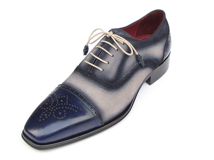 Paul Parkman Men's Captoe Oxfords Navy / Beige Hand-Painted Shoes (Id#024) Size 9-9.5 D(M) US