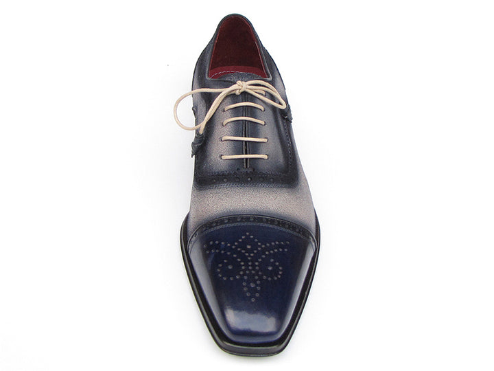 Paul Parkman Men's Captoe Oxfords Navy / Beige Hand-Painted Shoes (Id#024)
