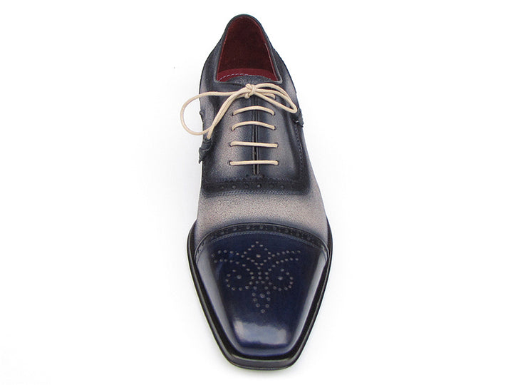 Paul Parkman Men's Captoe Oxfords Navy / Beige Hand-Painted Shoes (Id#024) Size 8-8.5 D(M) US