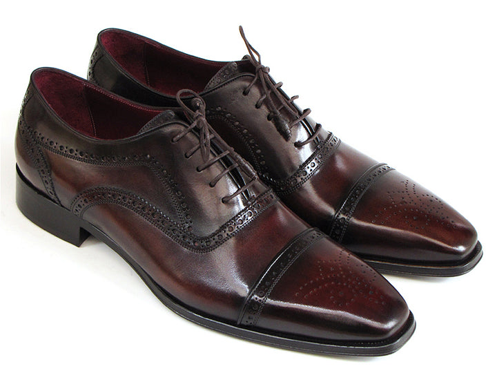 Paul Parkman Men's Captoe Oxfords Bordeaux & Brown Hand-Painted Shoes (Id#024) Size 6.5-7 D(M) US