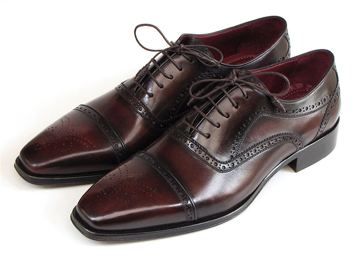 Paul Parkman Men's Captoe Oxfords Bordeaux & Brown Hand-Painted Shoes (Id#024) Size 6 D(M) US