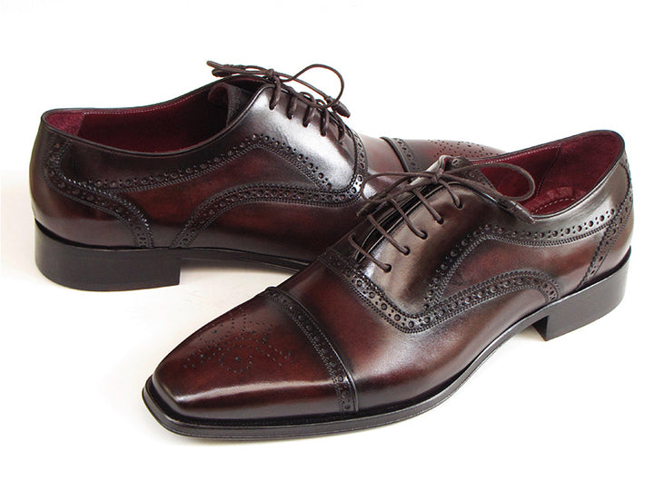 Paul Parkman Men's Captoe Oxfords Bordeaux & Brown Hand-Painted Shoes (Id#024) Size 6.5-7 D(M) US