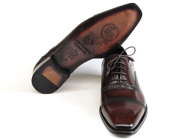 Paul Parkman Men's Captoe Oxfords Bordeaux & Brown Hand-Painted Shoes (Id#024) Size 12-12.5 D(M) US