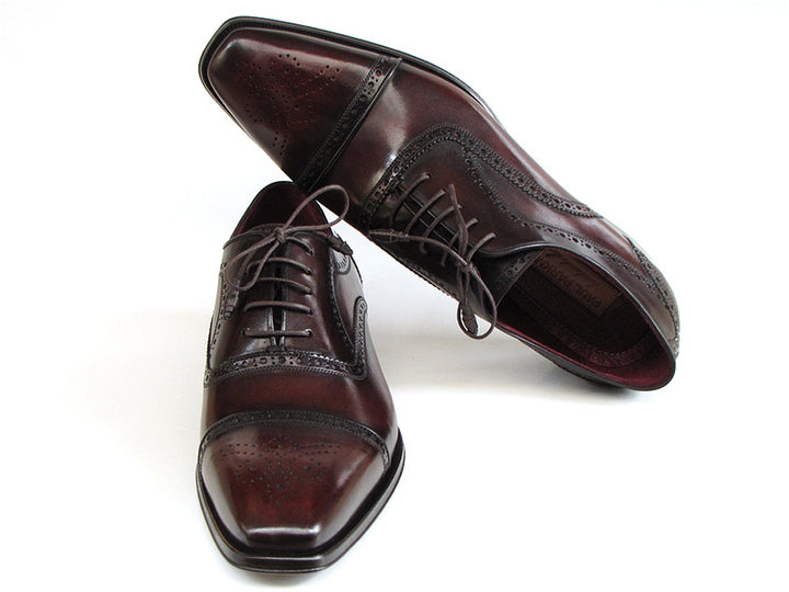 Paul Parkman Men's Captoe Oxfords Bordeaux & Brown Hand-Painted Shoes (Id#024)