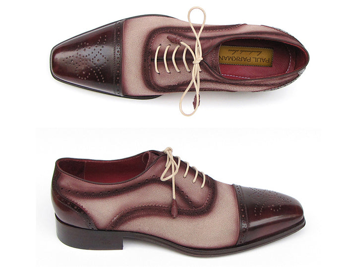 Paul Parkman Men's Captoe Oxfords Bordeaux / Beige Hand-Painted Shoes (Id#024) Size 8-8.5 D(M) US