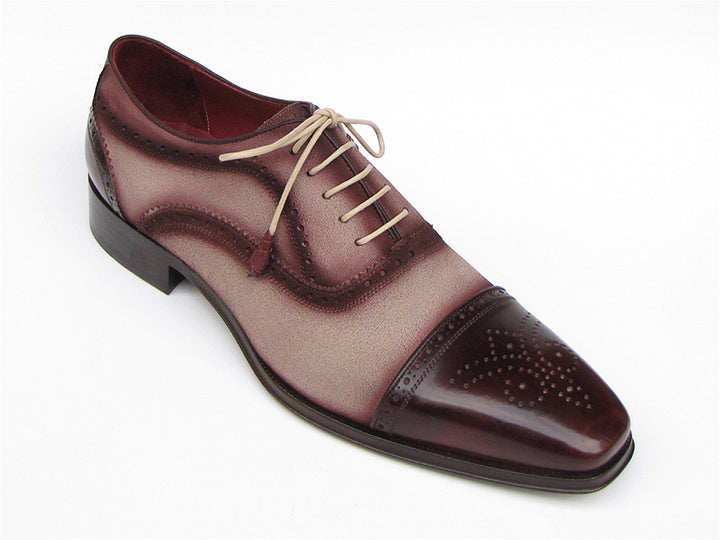 Paul Parkman Men's Captoe Oxfords Bordeaux / Beige Hand-Painted Shoes (Id#024) Size 9-9.5 D(M) US