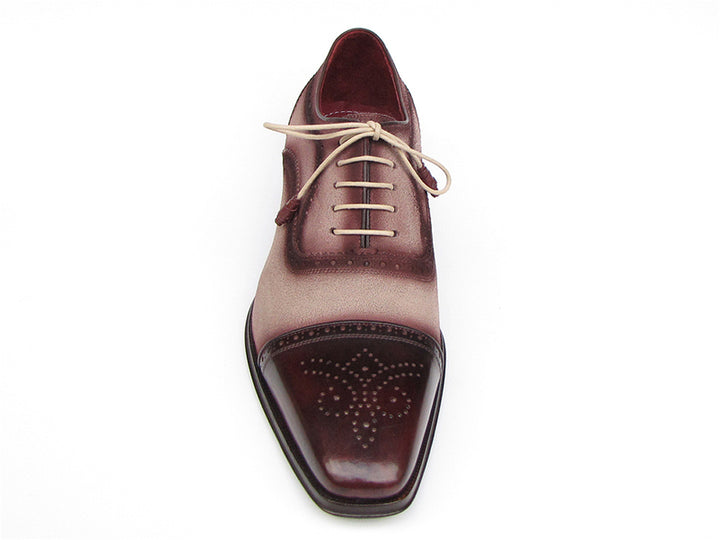 Paul Parkman Men's Captoe Oxfords Bordeaux / Beige Hand-Painted Shoes (Id#024) Size 7.5 D(M) US