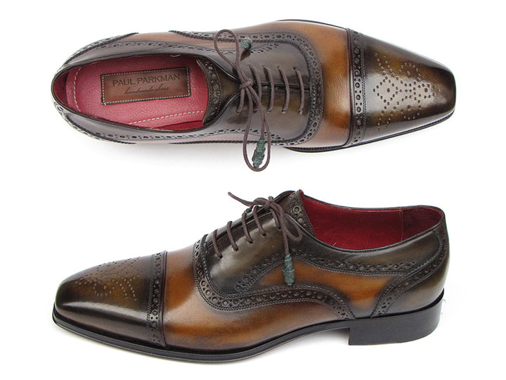 Paul Parkman Men's Captoe Oxfords Camel & Olive Shoes (Id#024) Size 6.5-7 D(M) US