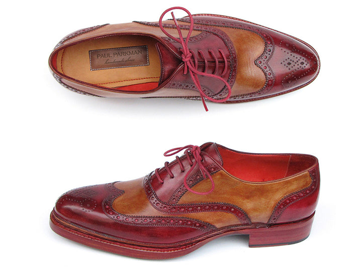 Paul Parkman Men's Triple Leather Sole Wingtip Brogues Bordeaux & Camel Shoes (Id#027) Size 12-12.5 D(M) US