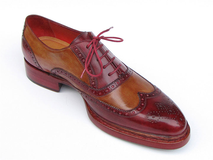 Paul Parkman Men's Triple Leather Sole Wingtip Brogues Bordeaux & Camel Shoes (Id#027) Size 10.5-11 D(M) US