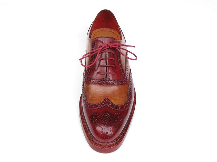 Paul Parkman Men's Triple Leather Sole Wingtip Brogues Bordeaux & Camel Shoes (Id#027) Size 8-8.5 D(M) US