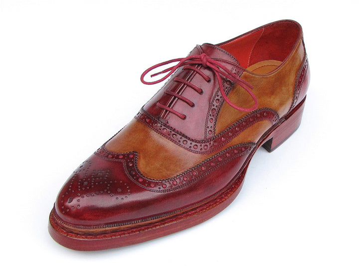 Paul Parkman Men's Triple Leather Sole Wingtip Brogues Bordeaux & Camel Shoes (Id#027) Size 10.5-11 D(M) US