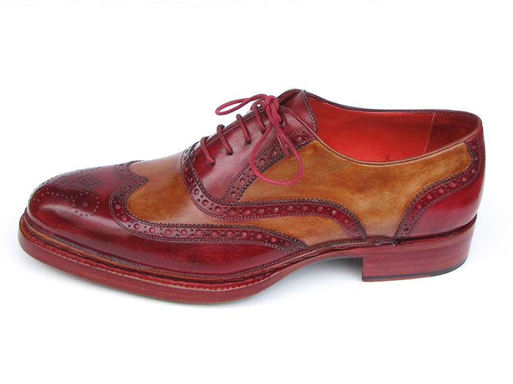 Paul Parkman Men's Triple Leather Sole Wingtip Brogues Bordeaux & Camel Shoes (Id#027) Size 7.5 D(M) US