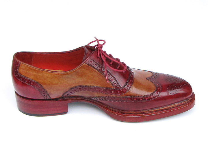 Paul Parkman Men's Triple Leather Sole Wingtip Brogues Bordeaux & Camel Shoes (Id#027) Size 6 D(M) US
