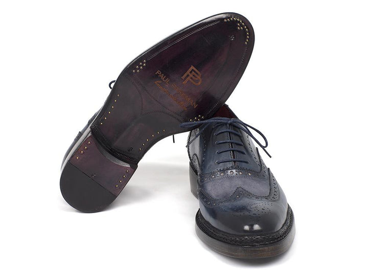 Paul Parkman Men's Triple Leather Sole Wingtip Brogues Blue Shoes (ID#027-TRP-BLU) Size 7.5 D(M) US