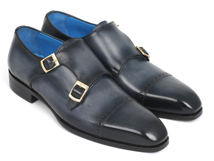 Paul Parkman Captoe Double Monkstraps Navy Shoes (ID#045NVY62) Size 7.5 D(M) US