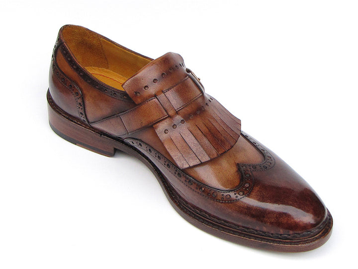 Paul Parkman Men's Wingtip Monkstrap Brogues Brown Hand-painted Leather Shoes (Id#060) Size 6.5-7 D(M) US