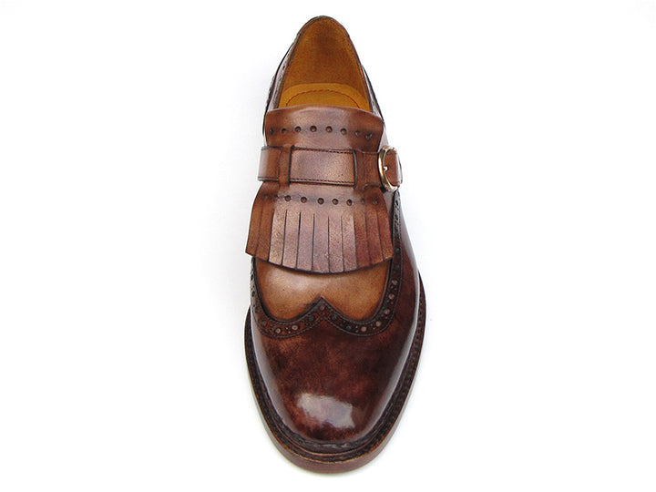 Paul Parkman Men's Wingtip Monkstrap Brogues Brown Hand-painted Leather Shoes (Id#060) Size 9-9.5 D(M) US