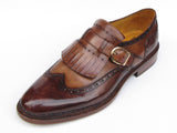 Paul Parkman Men's Wingtip Monkstrap Brogues Brown Hand-painted Leather Shoes (Id#060)