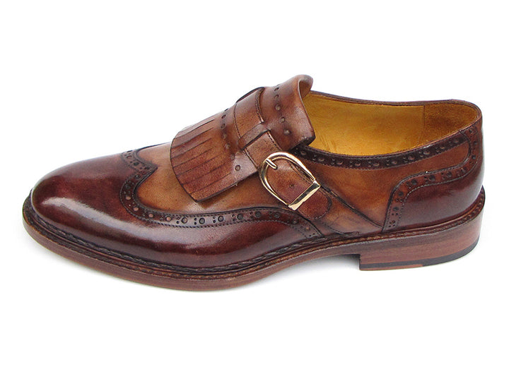 Paul Parkman Men's Wingtip Monkstrap Brogues Brown Hand-painted Leather Shoes (Id#060) Size 10.5-11 D(M) US