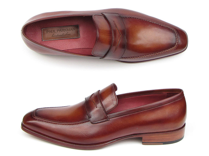 Paul Parkman Men's Penny Loafer Tobacco & Bordeaux Hand-Painted Shoes (Id#067)