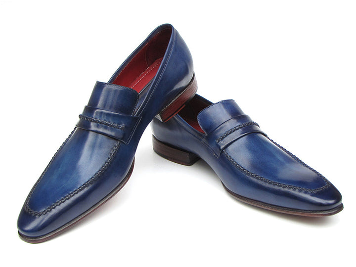 Paul Parkman Men's Navy Leather Upper And Leather Sole Loafer Shoes (Id#068) Size 7.5 D(M) US