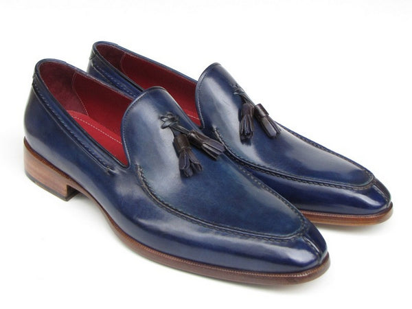 Paul Parkman Men's Tassel Loafer Blue Hand Painted Leather Shoes (Id#083)