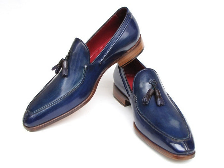 Paul Parkman Men's Tassel Loafer Blue Hand Painted Leather Shoes (Id#083) Size 7.5 D(M) US